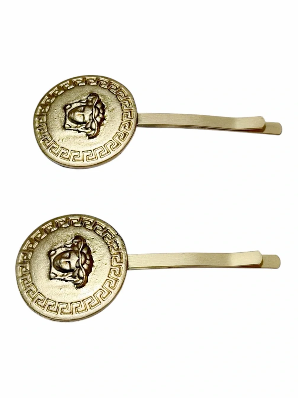 Copper Medusa Hair Pin with gold-toned Greek key borders set of TWO